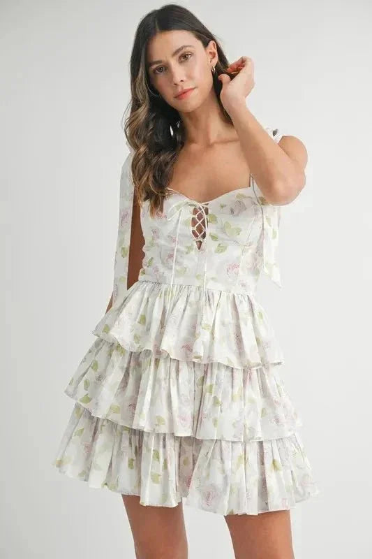 MABLE Floral Print Shoulder Tie Layered Mini Dress - VILLA FASHION